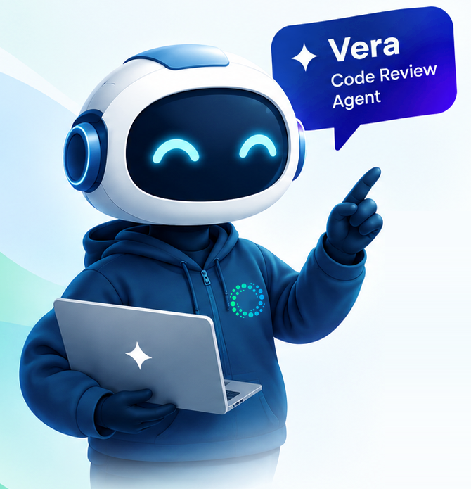 Vera, the Axiomstudio code review agent: a friendly robot in a blue hoodie holding a laptop