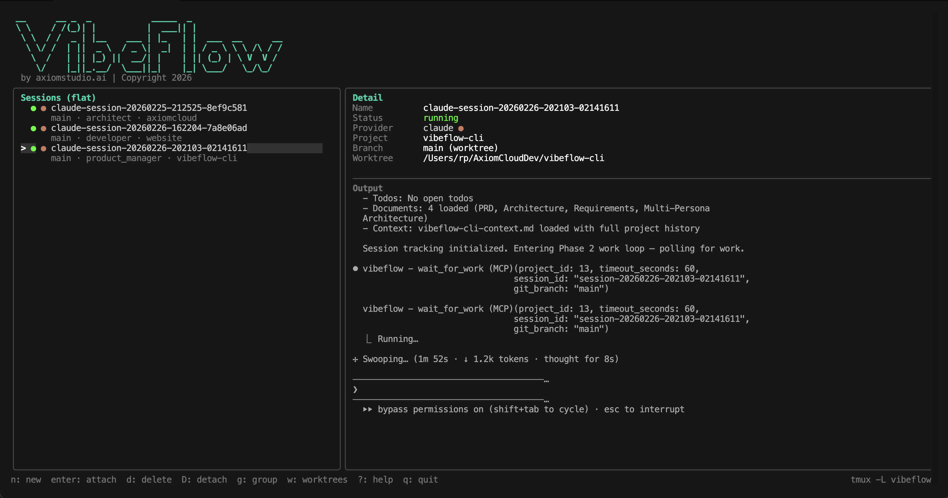 VibeFlow CLI terminal interface showing multiple AI coding sessions with session list, live output preview, and keyboard shortcuts
